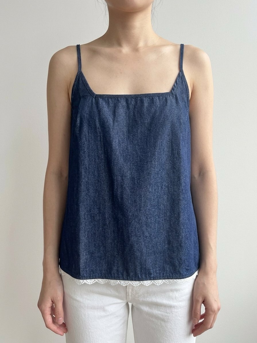 La Relaxed Nwt Denim & Lace Eyelet Trim Cami Tank Top | Size M | Organic Cotton